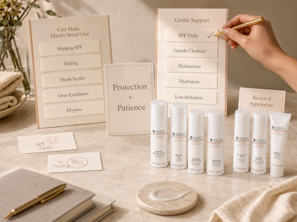 Luxury skincare education image showing SPF, no picking, gentle cleansing, hydration, and low irritation for post-blemish marks and dark spot appearance.