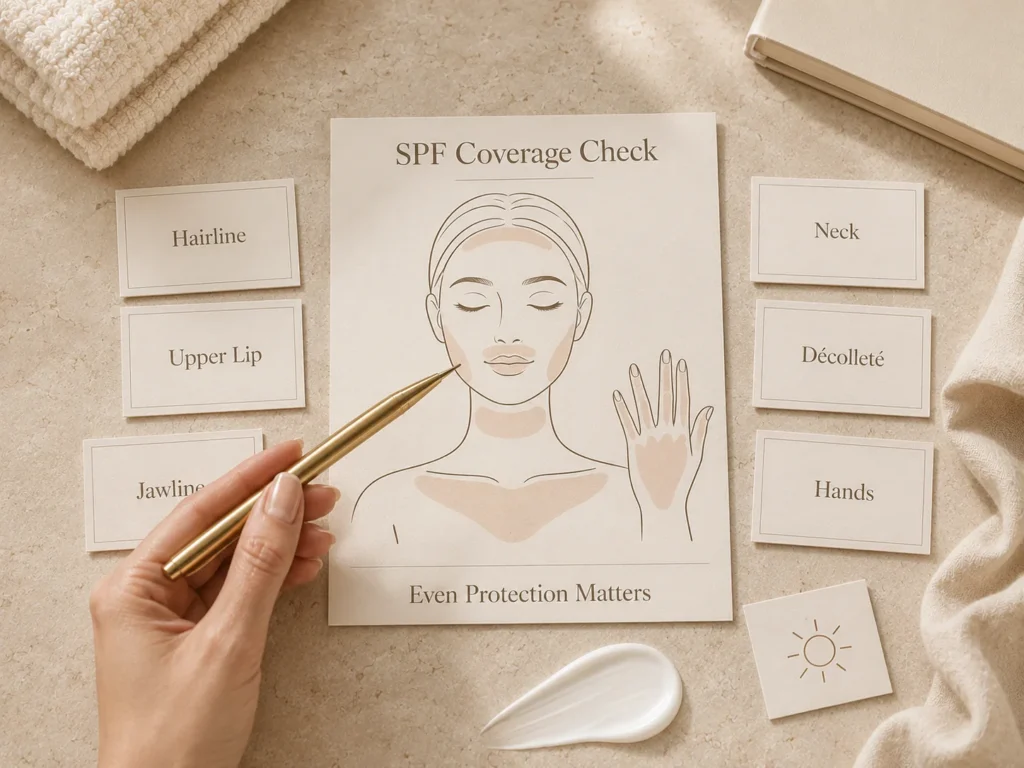 Luxury educational image showing SPF coverage mistakes that can slow uneven-tone progress.