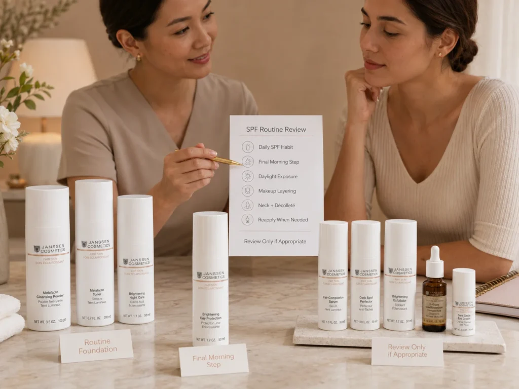 Esthetician-guided consultation reviewing SPF habits for uneven-looking tone with verified Janssen Cosmetics FAIR SKIN products.