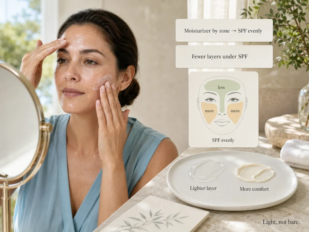 Woman using a lighter moisturizer layer on the T-zone, more comfort on the cheeks, and even daytime protection.