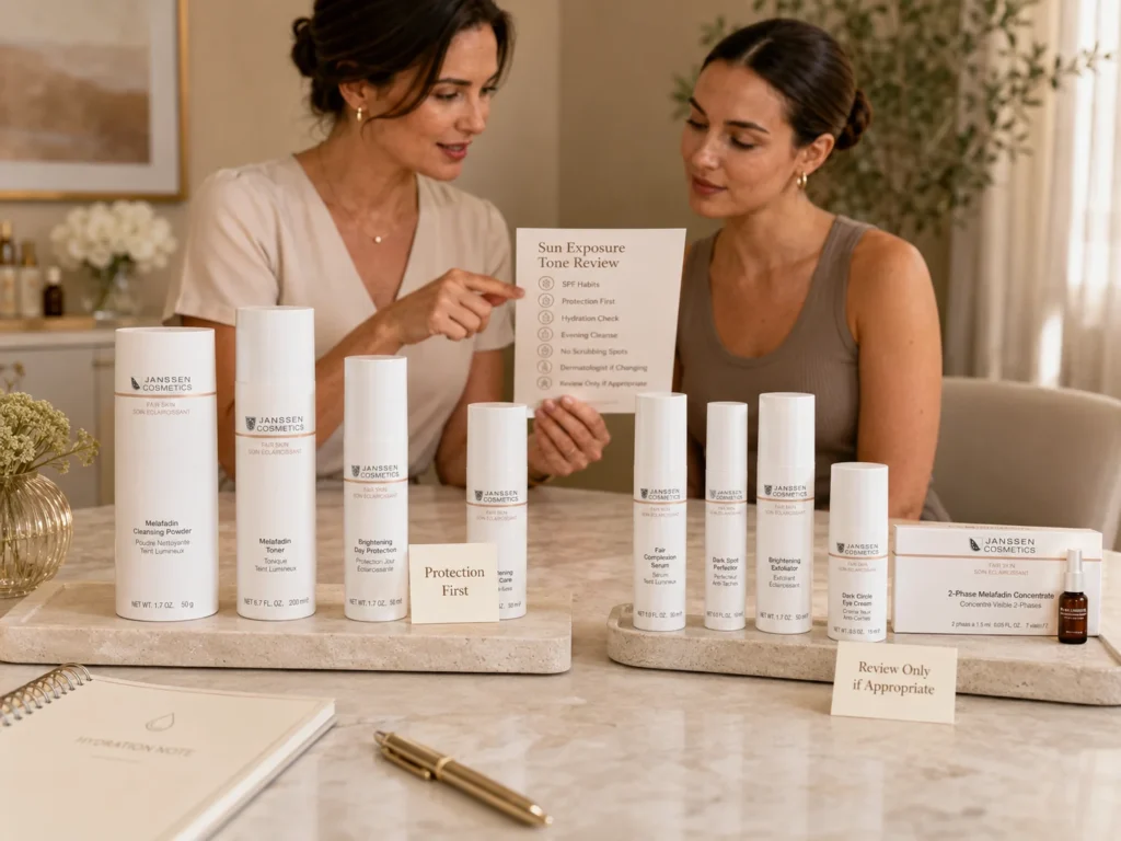 Esthetician-guided consultation reviewing uneven-looking tone after sun exposure with SPF habits, hydration, evening cleansing, and verified Janssen Cosmetics FAIR SKIN products.