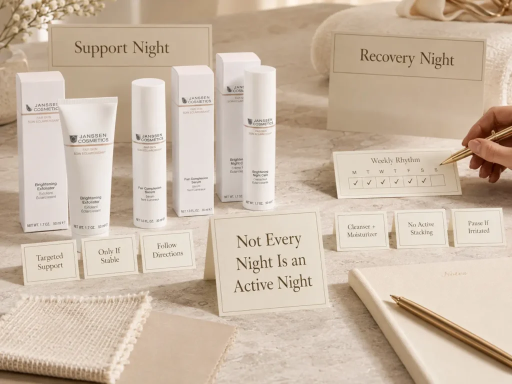 Luxury skincare education image showing support nights and recovery nights for uneven-looking tone.