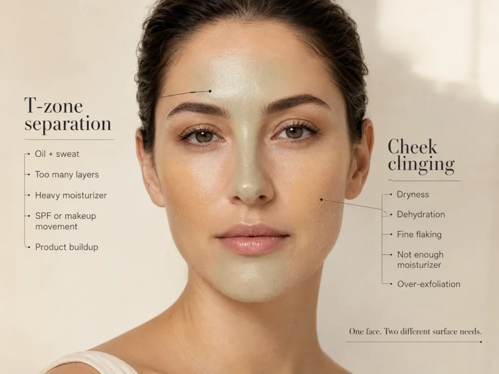 Educational comparison showing makeup separating on an oily T-zone and clinging to dry or dehydrated cheeks.