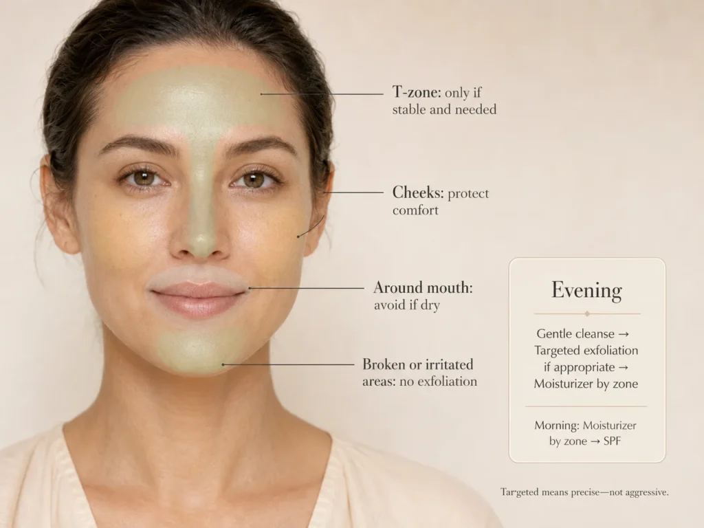 Facial-zone guide showing targeted exfoliation on stable T-zone areas while dry cheeks and around-mouth areas remain protected.
