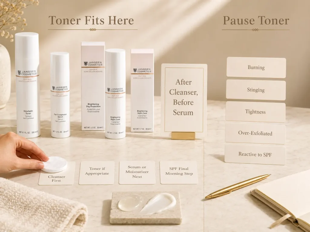 Luxury skincare education image showing toner after cleanser and before serum, with pause guidance for irritated uneven-looking skin.