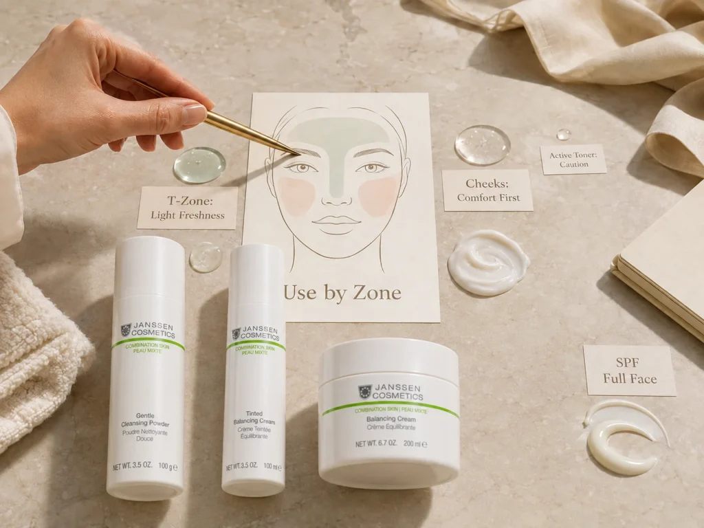 Luxury skincare still life showing toner by zone for combination skin with T-zone freshness and cheek comfort.