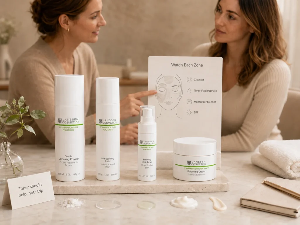 Esthetician-guided consultation showing toner selection for combination skin with cleanser, toner, moisturizer by zone, and SPF.