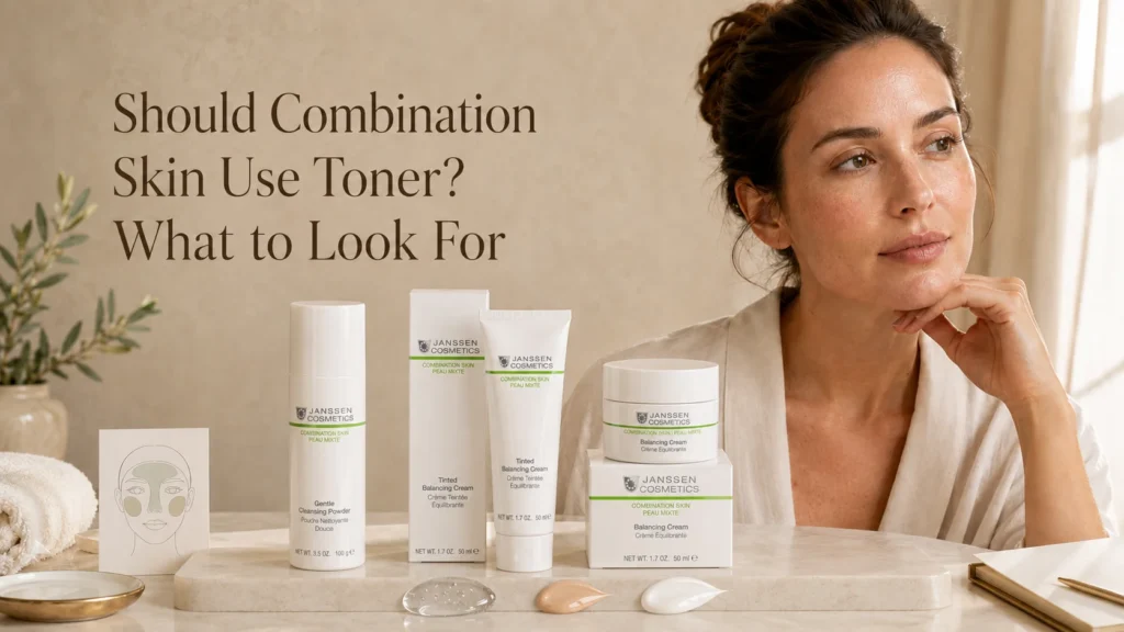 Luxury skincare hero image showing toner for combination skin with oily T-zone, dry cheeks, moisturizer by zone, and SPF.