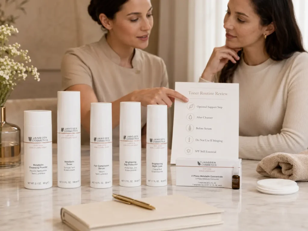 : Esthetician-guided consultation showing whether toner belongs in an uneven-looking skin routine with verified Janssen Cosmetics FAIR SKIN products.