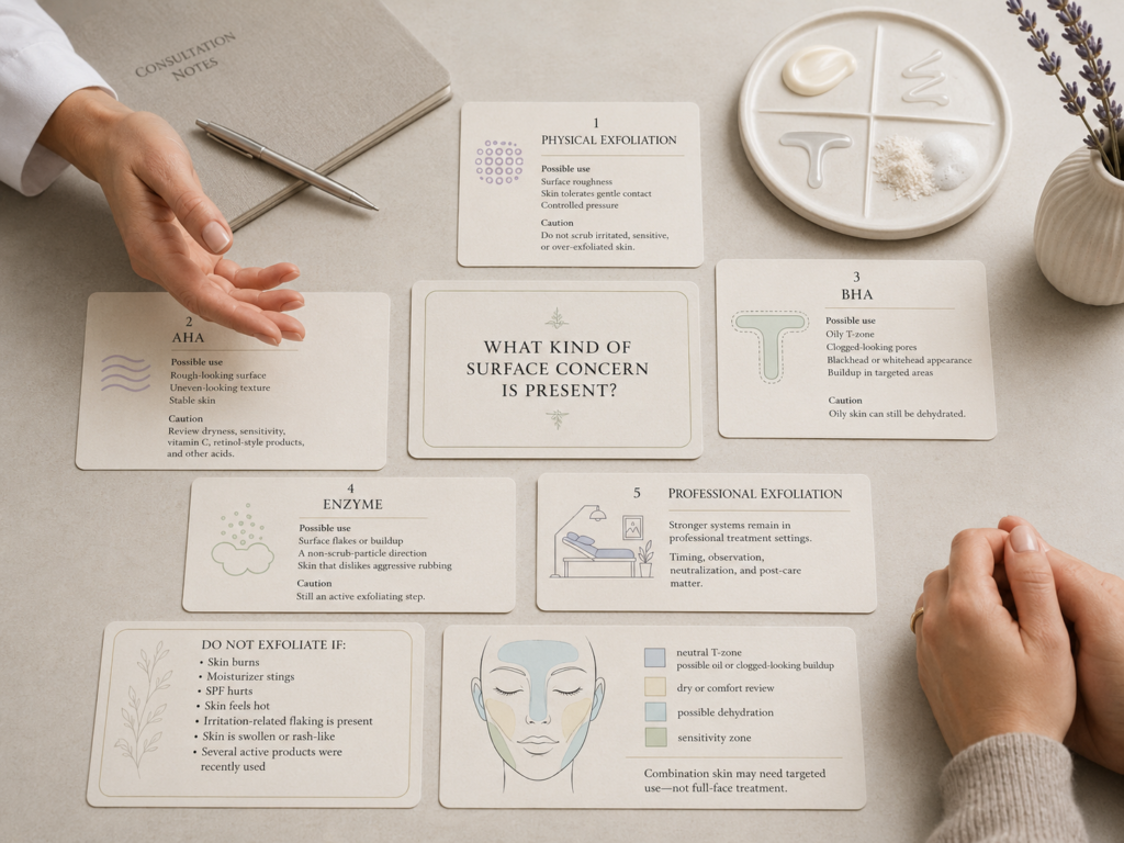 Exfoliation decision guide comparing physical, AHA, BHA, enzyme, and professional exfoliation according to skin condition and surface concerns.