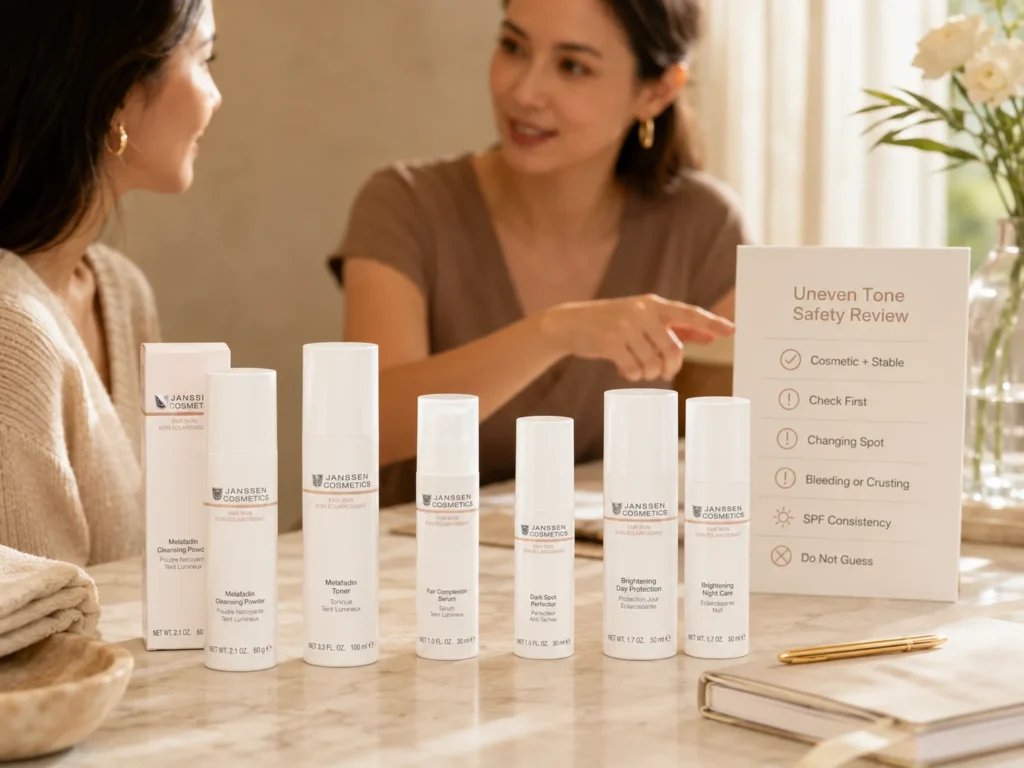 Esthetician-guided consultation showing uneven tone safety review and FAIR SKIN product guidance after dermatologist-first warning signs are considered.