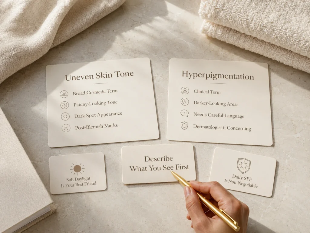Luxury educational image comparing uneven skin tone as a cosmetic term with hyperpigmentation as a clinical term.
