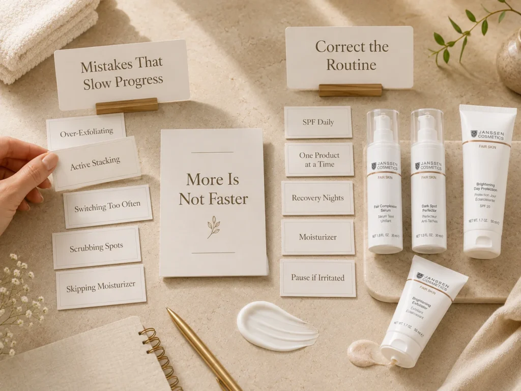 Luxury skincare education image showing uneven-tone mistakes like over-exfoliation, active stacking, and switching products too often.