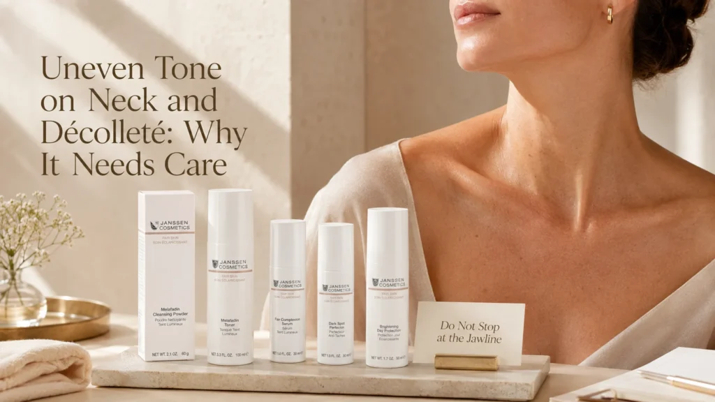 Luxury skincare image showing neck and décolleté care for uneven-looking tone with verified Janssen Cosmetics FAIR SKIN products.
