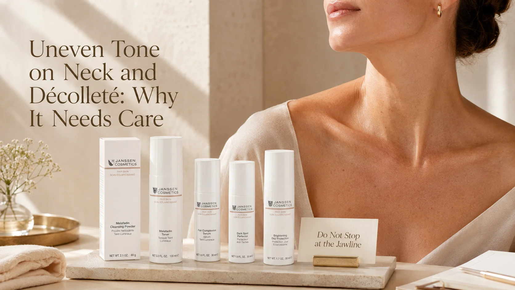 Luxury skincare image showing neck and décolleté care for uneven-looking tone with verified Janssen Cosmetics FAIR SKIN products.