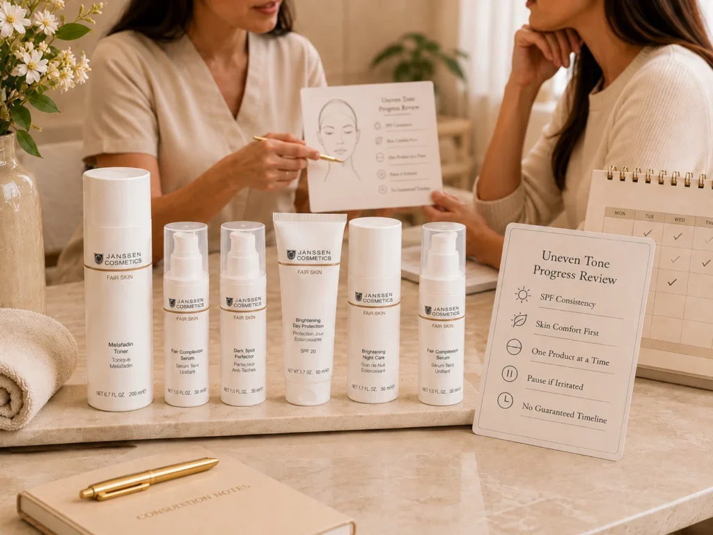 Esthetician-guided consultation showing realistic uneven-tone progress expectations with verified Janssen Cosmetics FAIR SKIN products.