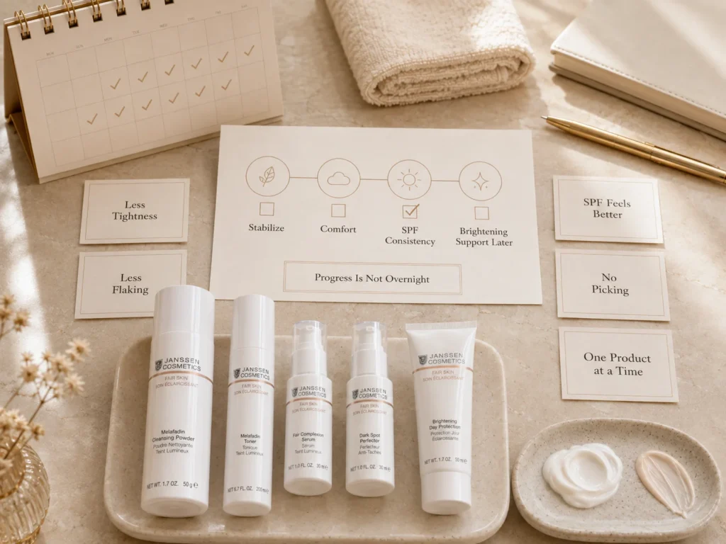 Luxury educational image showing gradual uneven-tone progress stages including comfort, SPF consistency, and brightening support later.