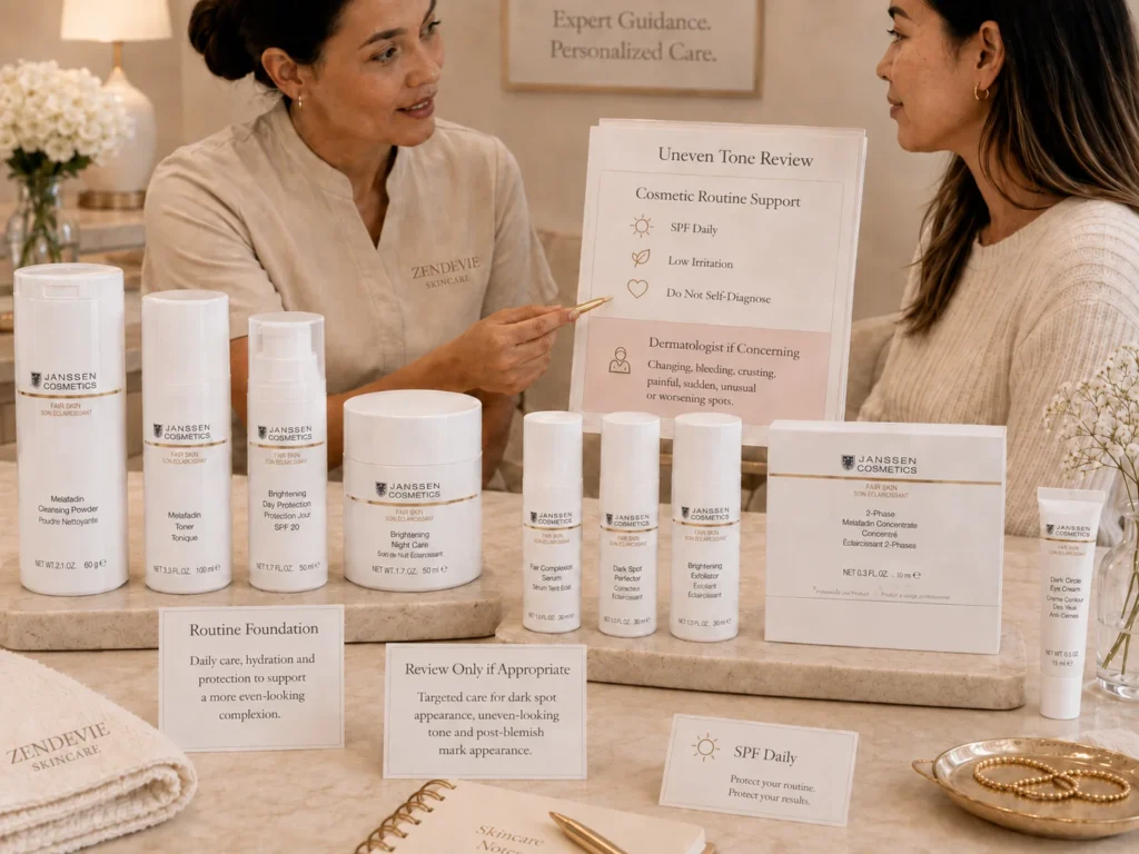 Esthetician-guided consultation reviewing uneven-looking tone and hyperpigmentation-looking concerns with verified Janssen Cosmetics FAIR SKIN products.