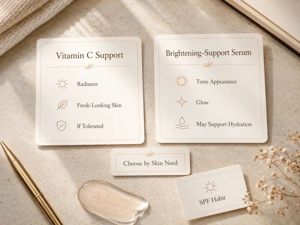 Luxury educational image comparing vitamin C support and brightening-support serums for uneven-looking skin.