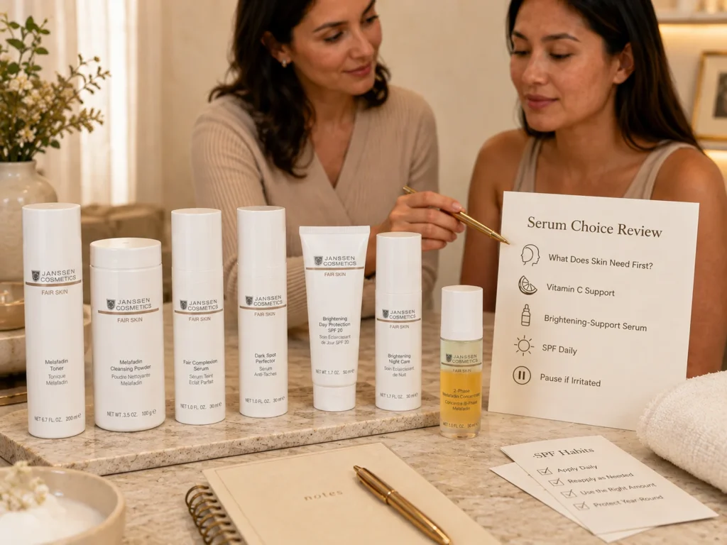Esthetician-guided consultation showing how to choose between vitamin C support and brightening-support serum for uneven-looking skin using verified Janssen Cosmetics FAIR SKIN products.