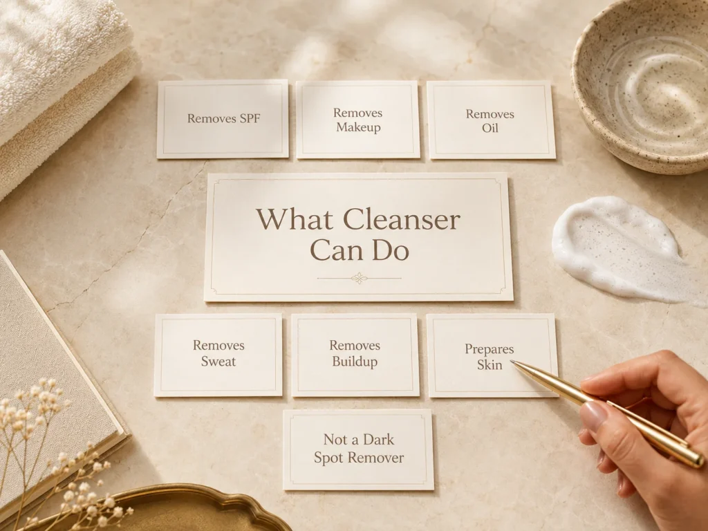 Luxury educational image showing what cleanser can do for uneven-looking skin, including removing SPF, makeup, oil, sweat, and buildup.
