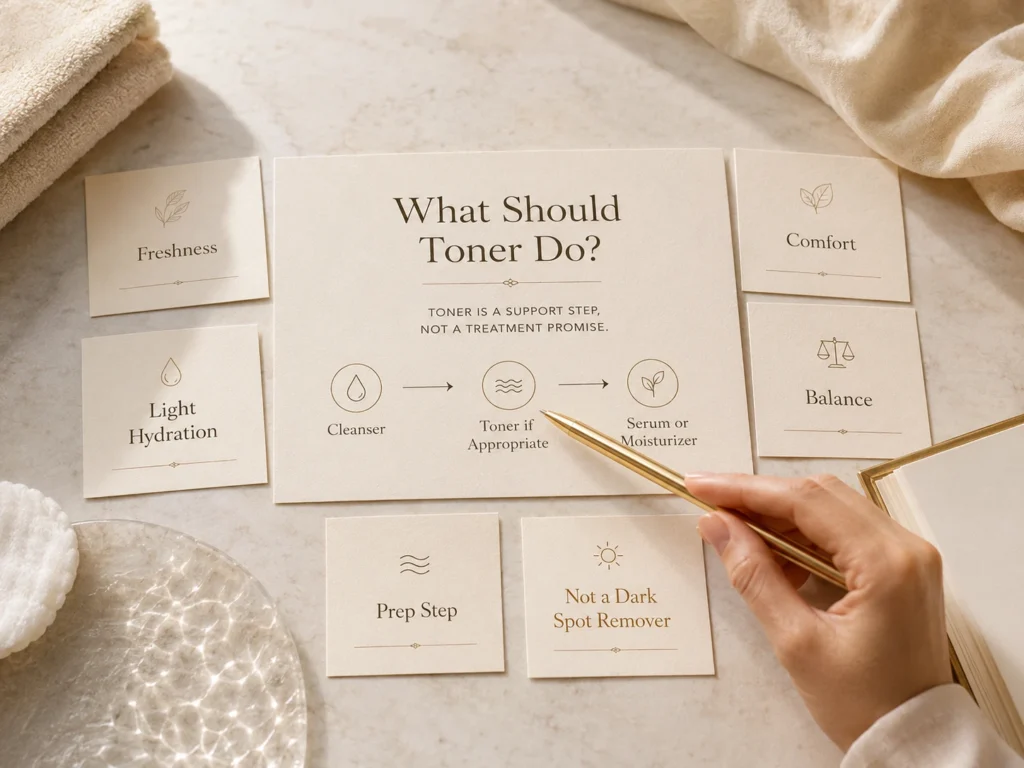 Luxury educational image showing toner as an optional support step for freshness, hydration, comfort, balance, and routine preparation.