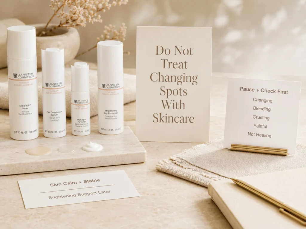 Luxury skincare education image showing when brightening products should wait and dermatologist evaluation should come first.