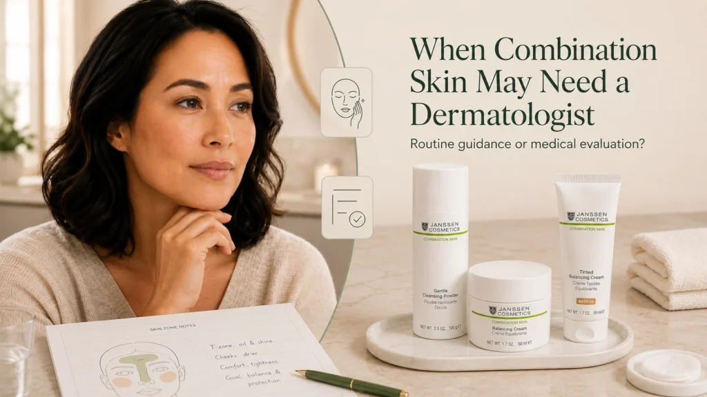 Adult woman with subtle combination-skin cues beside an editorial distinction between skincare guidance and dermatologist evaluation.