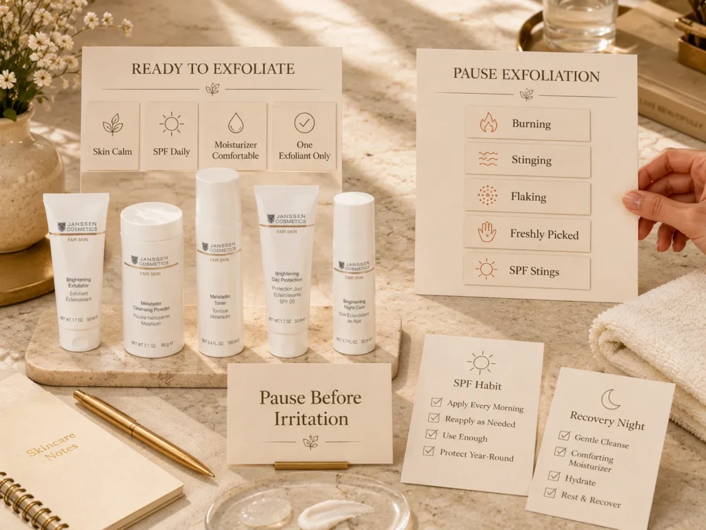 Luxury skincare education image showing when to pause exfoliation for uneven-looking skin.