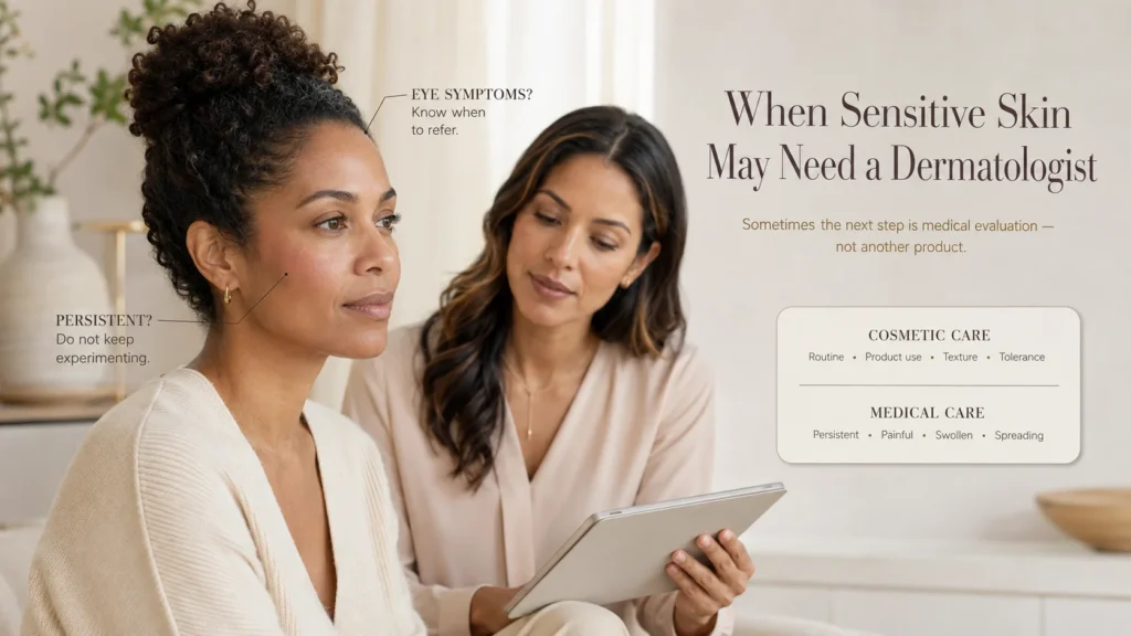 Sensitive-skin client speaking with an esthetician about when persistent skin symptoms should be referred to a dermatologist rather than managed with more skincare.