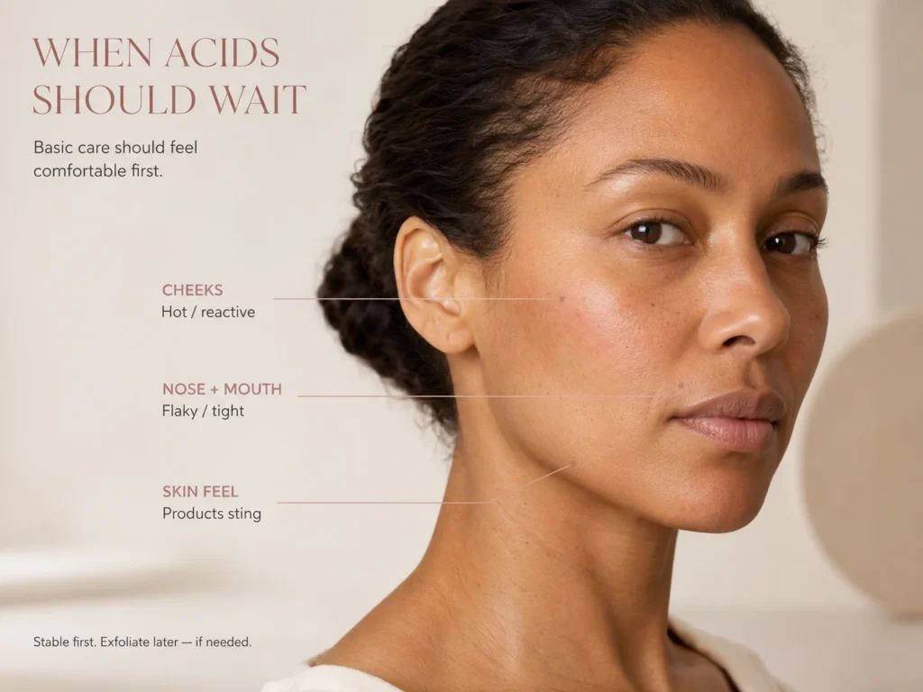 Sensitive-skin model with leader lines showing reactive cheeks, subtle flaking near the nose and mouth, and signs that exfoliating acids should wait.