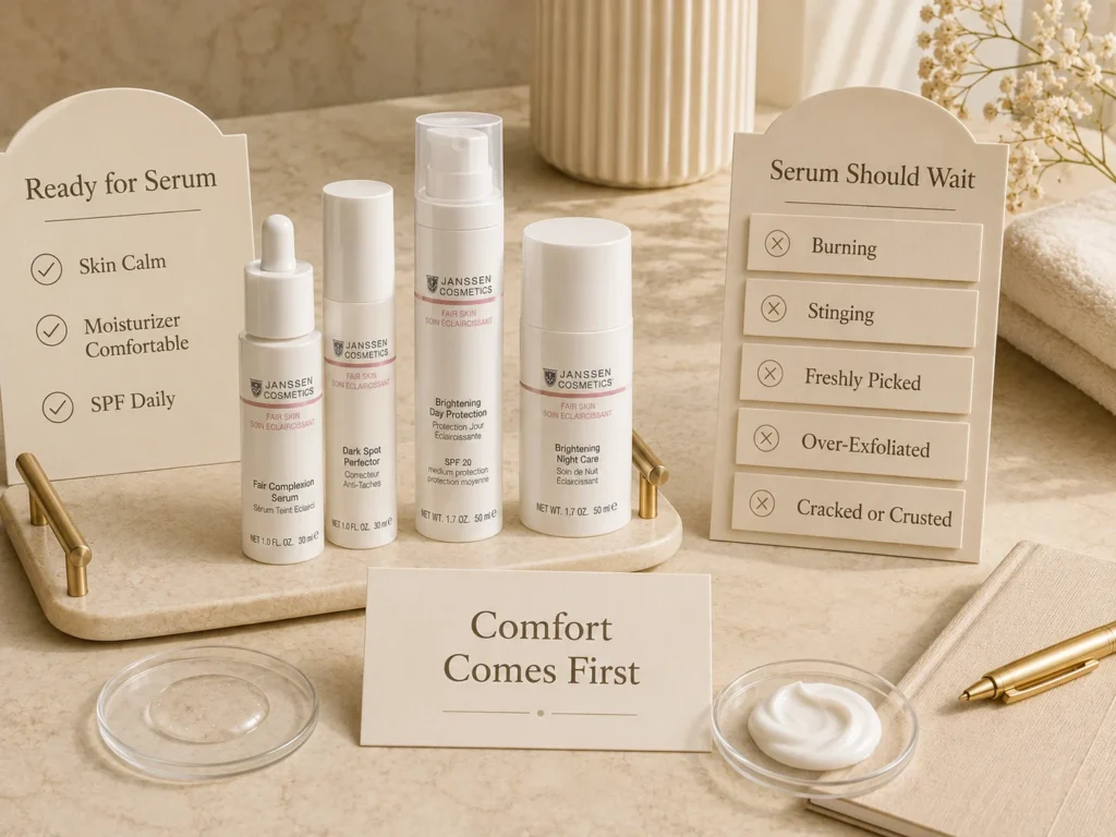 Luxury skincare education image showing when serum should wait and why comfort, cream, and SPF matter for uneven-looking tone.