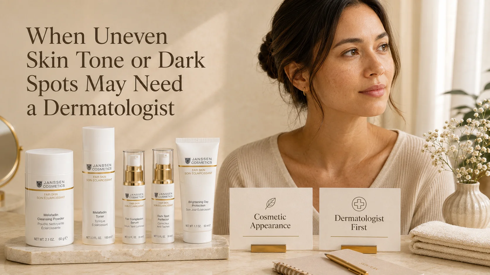 Luxury skincare consultation image showing when uneven skin tone or dark spot appearance may need dermatologist evaluation.