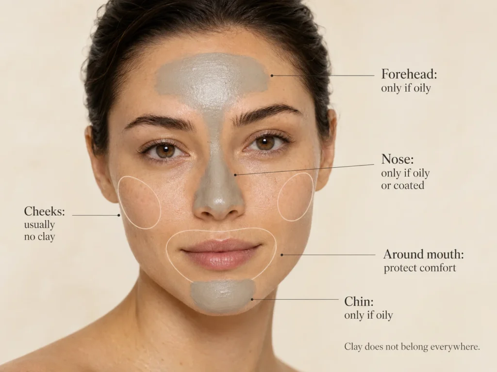 Facial zone guide showing thin clay-mask placement on an oily forehead, nose, and chin while protecting the cheeks and around-mouth area.