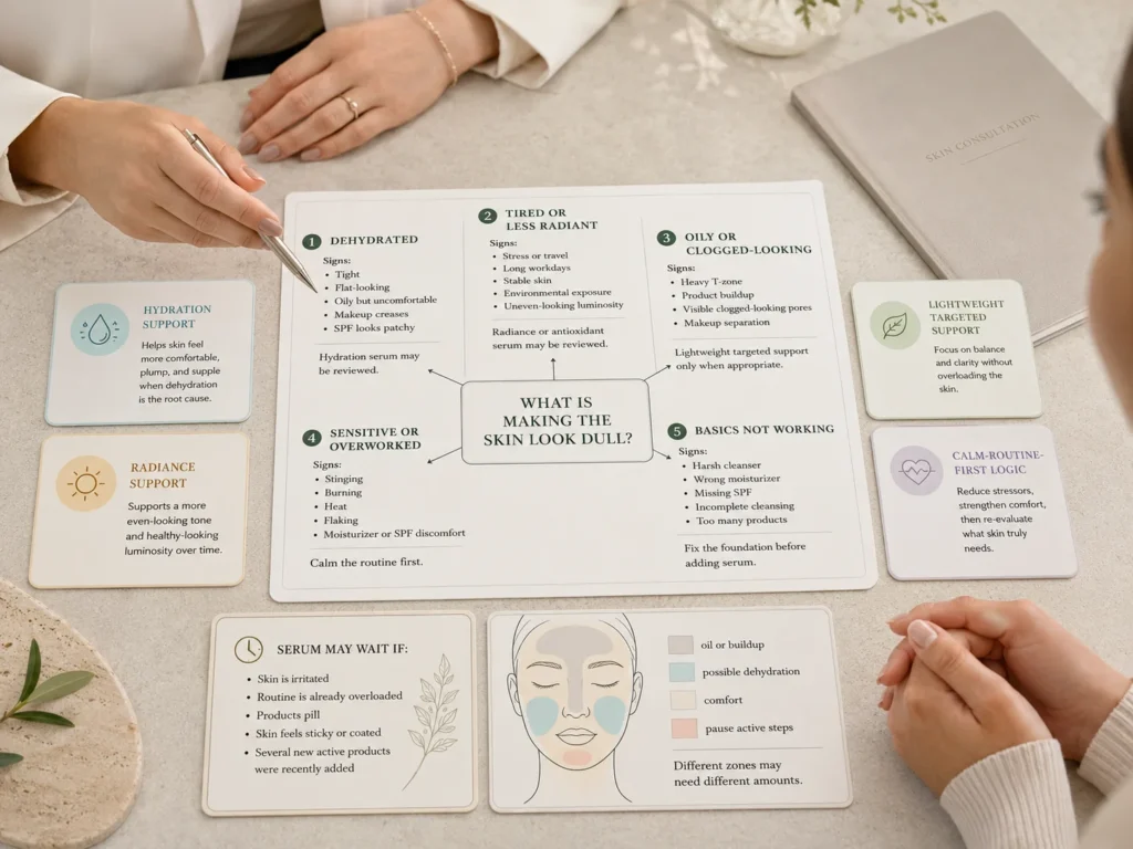 Dull-skin serum decision guide comparing dehydration, tired-looking skin, oily buildup, sensitive skin, and routine-foundation problems.