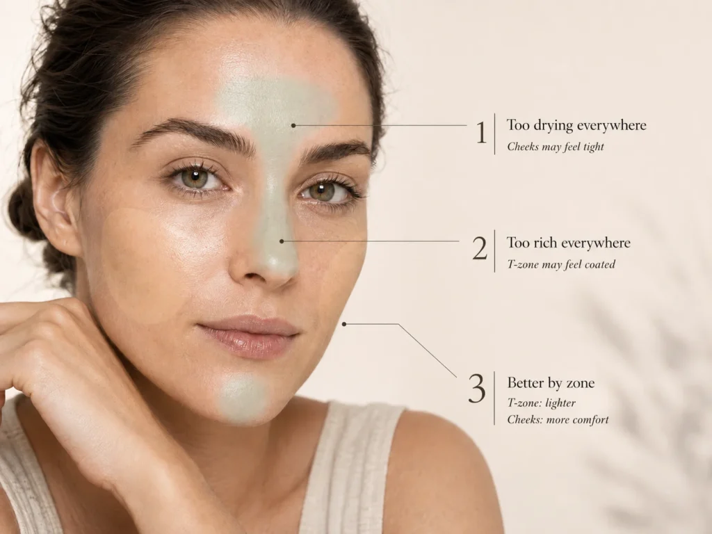 Combination-skin guide comparing overly drying full-face care, overly rich full-face care, and better moisturizer placement by zone.