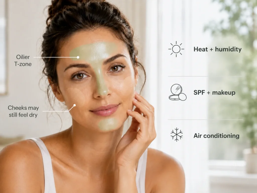 Summer combination skin showing a subtly shinier T-zone while the cheeks remain less oily and potentially dehydrated.