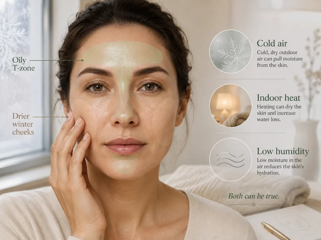 Combination skin in winter showing a naturally shinier T-zone and drier cheeks influenced by cold air and indoor heat.