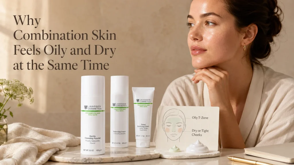 Luxury skincare image showing oily T-zone and dry cheeks with verified Janssen Cosmetics Combination Skin products.
