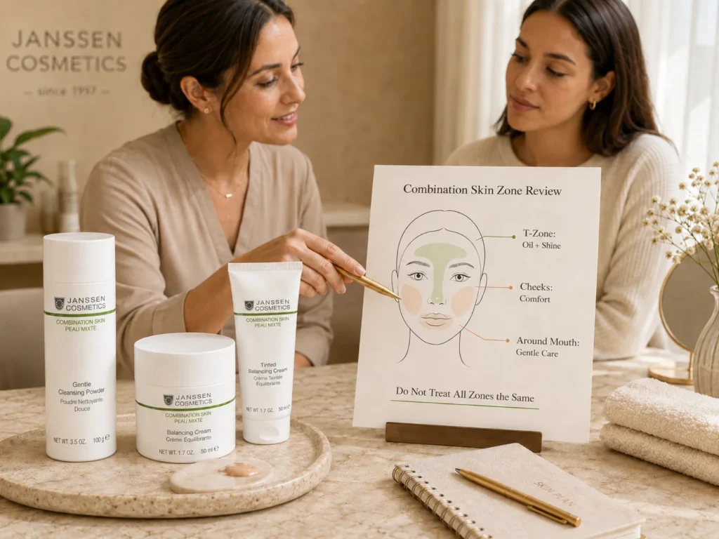 Esthetician-guided consultation showing combination skin zone review with verified Janssen Cosmetics Combination Skin products.
