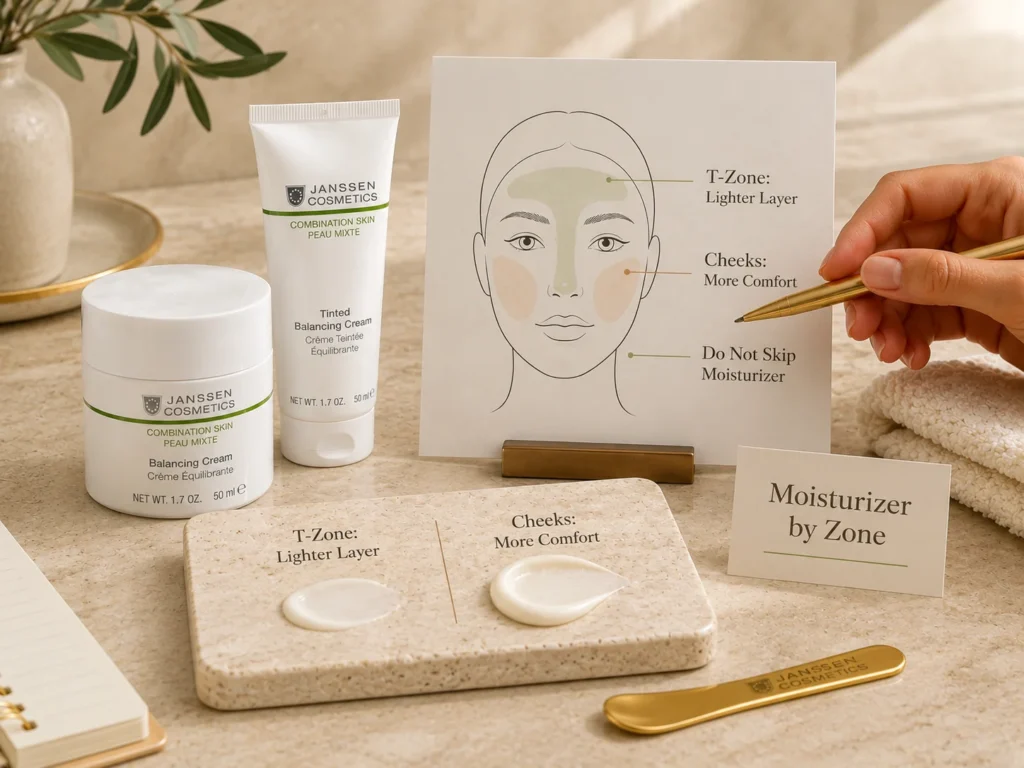 Luxury skincare image showing moisturizer by zone for combination skin using Janssen Cosmetics Balancing Cream and Tinted Balancing Cream.
