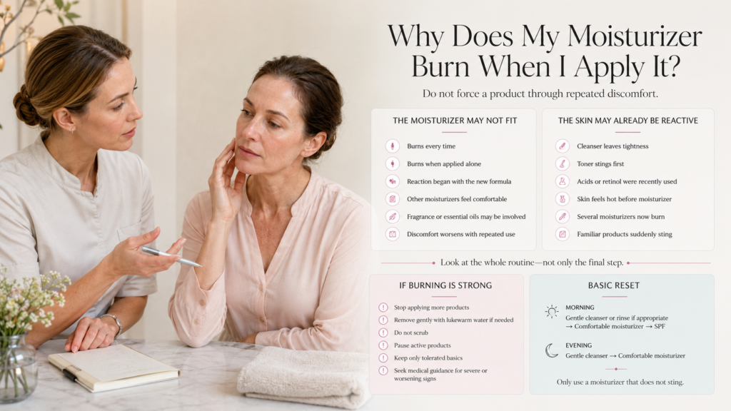 Featured image for “Why Does My Moisturizer Burn When I Apply It?” showing a licensed esthetician consulting with a client about moisturizer burning, reactive skin, and a gentler skincare routine.