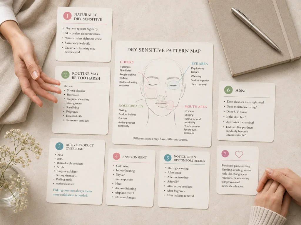 Dry-sensitive facial-zone and trigger guide showing natural dryness, harsh cleansing, over-exfoliation, weather stress, and product reactions.