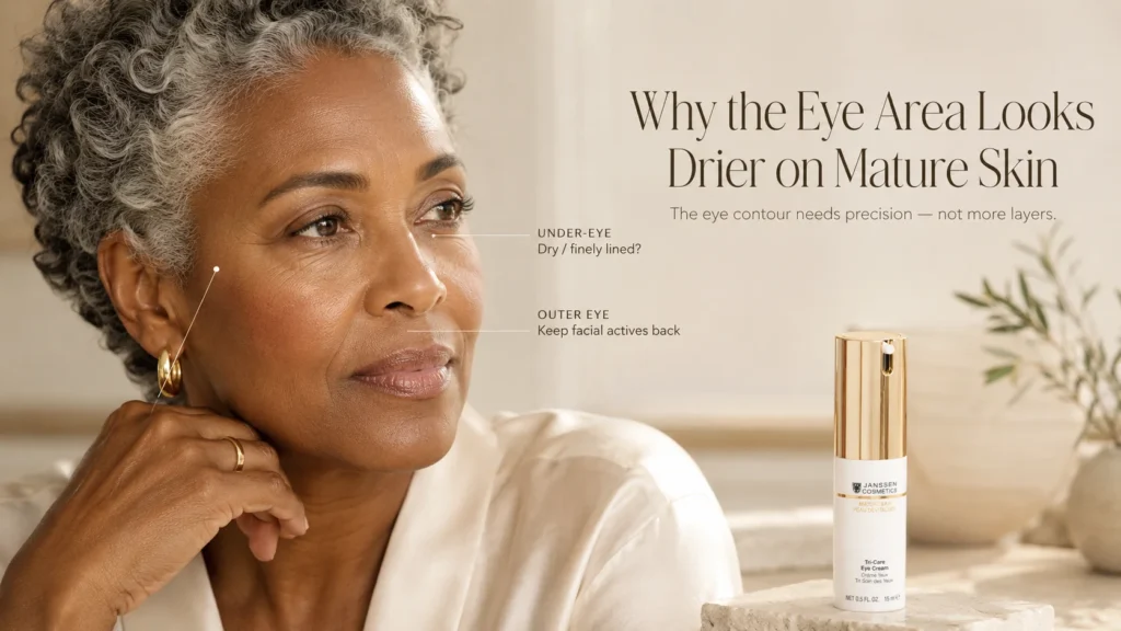 Mature woman with subtle under-eye dryness and natural fine lines beside Janssen Tri-Care Eye Cream when its exact official product photograph is available.