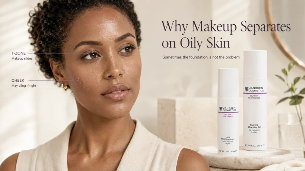 Woman with subtle foundation separation around an oily T-zone beside Janssen Cosmetics Oily Skin cleansing and lightweight moisturizer care.