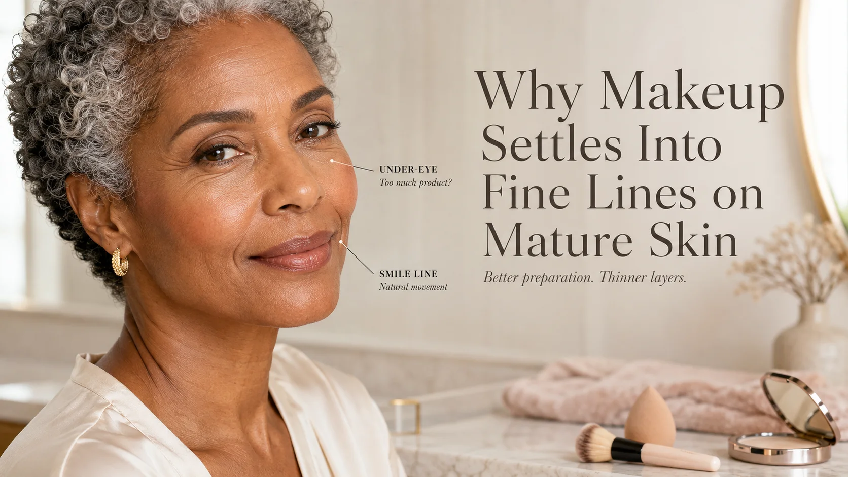 Mature woman with natural fine lines wearing lightweight makeup beside Janssen Perfect Lift Cream and Tri-Care Eye Cream when exact official references are available.