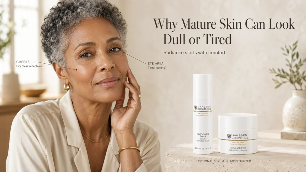 Mature woman with subtle dry cheek texture and tired-looking eye area beside Janssen Age Perfecting Serum and Perfect Lift Cream when exact official product references are available.