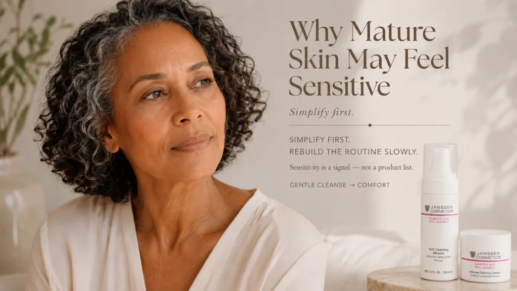 Mature woman with subtle sensitive-skin discomfort beside Janssen Soft Cleansing Mousse and Intense Calming Cream when exact official product photos are available.