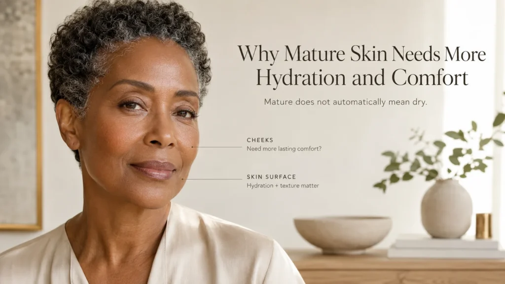 Mature woman with natural fine lines and subtle cheek dryness beside a simple Janssen Mature Skin cleansing, optional serum and moisturizer foundation when exact product references are available.
