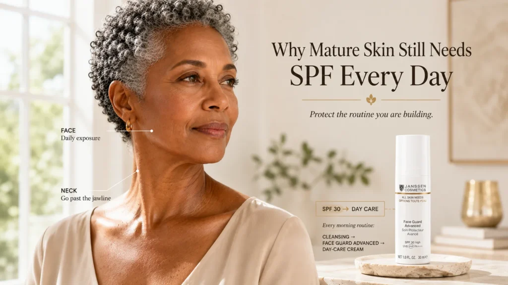 Mature woman in natural daylight beside Janssen Face Guard Advanced when its exact official product photograph is available, illustrating consistent everyday SPF support.